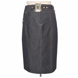 CACHE Stretch Denim Skirt Size 8 Lightweight Matching Belt Gold Hardware Elegant